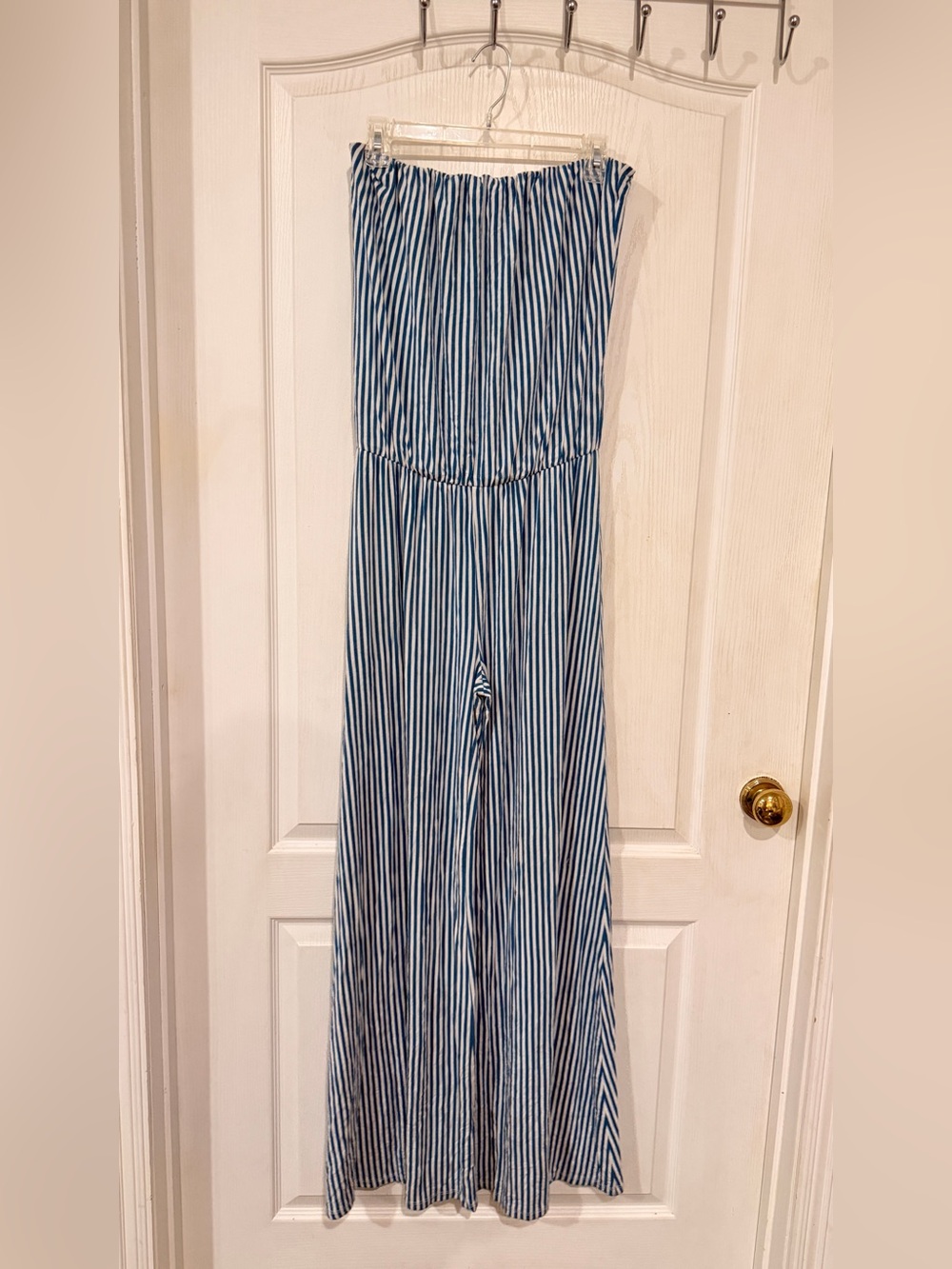 Tart Blue and White Striped Strapless Jumpsuit